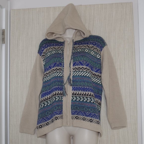 Inka Tradition Baby Alpaca Hooded Beige Blue Cardigan Zip Sweater Size:M - Picture 3 of 6